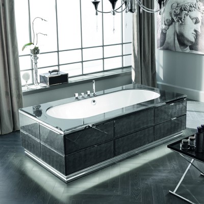 Ванна Milldue HILTON  Ванна 180х75см, стальная 1902  подача воды из водослива, в комплекте с сифоном, основанием стеклянным топом, цвет: белый/Alligator silver